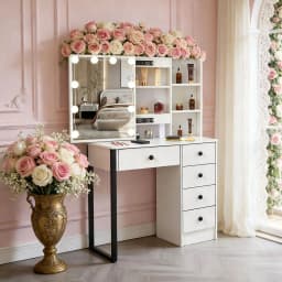 Teousev White Hollywood Vanity Set, 3-Colour Dimmable LED Bulb Mirror, 5 Drawers Storage Makeup Dressing Table for Women Bedroom