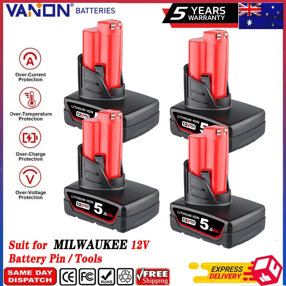 1/2/4Pcs 5.0Ah M12 Replace for Milwaukee 12V Li-on Battery Pin 48-11-2401 48-11-2412 48-11-2411 Compatible with Cordless Tools