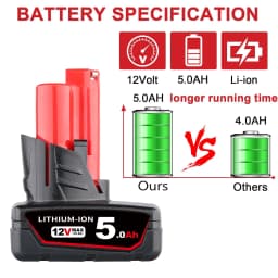1/2/4Pcs 5.0Ah M12 Replace for Milwaukee 12V Li-on Battery Pin 48-11-2401 48-11-2412 48-11-2411 Compatible with Cordless Tools