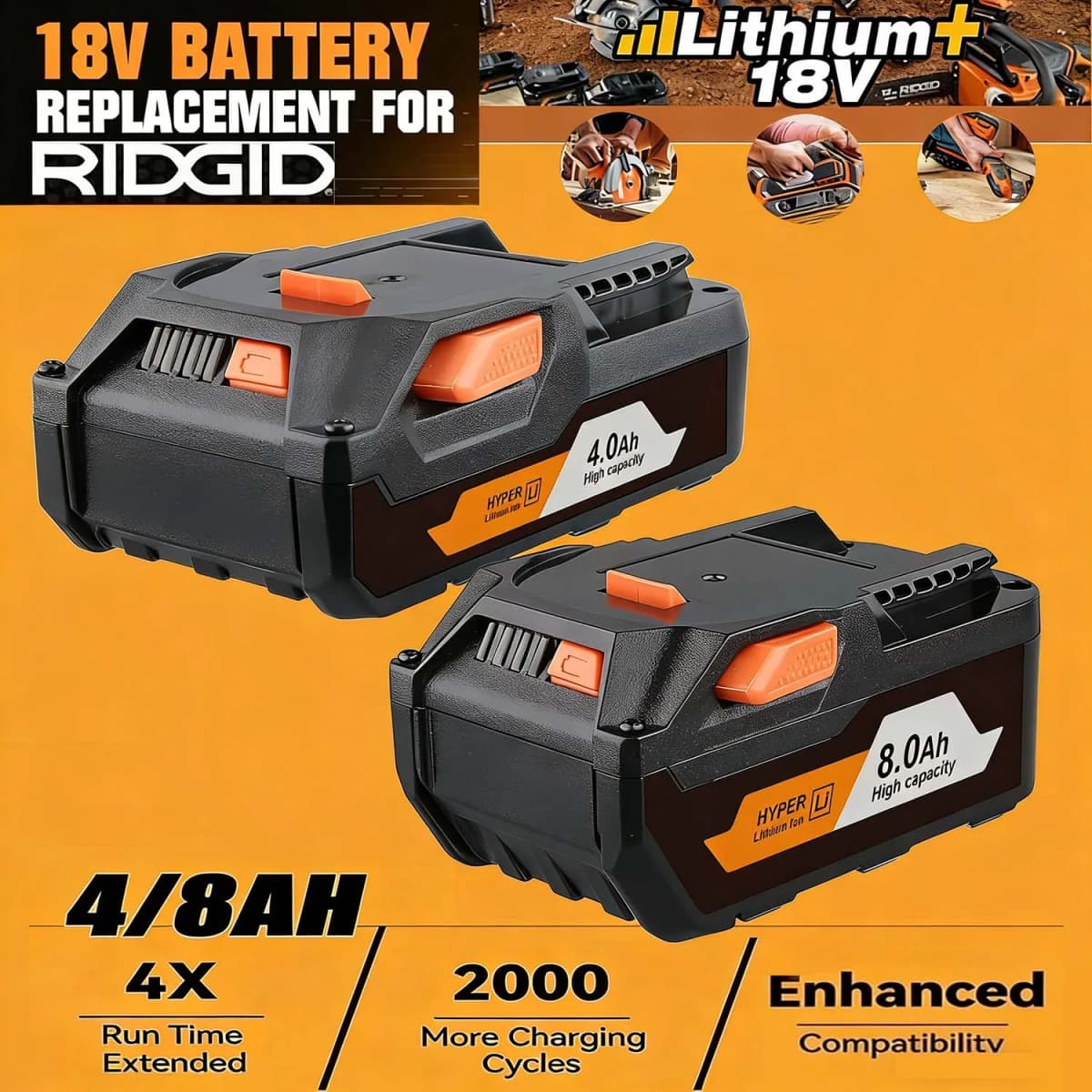 8.0Ah R840087 4.0Ah R840085 Replace for RIDGID 18V Li-on Battery Pin L1815R L1850R R840083 Compatible with Cordless Power Tools