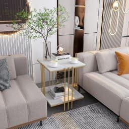 Sintered Stone End Table: 2 Tier Square White Sofa Side Table - Small Coffee Tab
