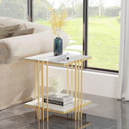Sintered Stone End Table: 2 Tier Square White Sofa Side Table - Small Coffee Tab