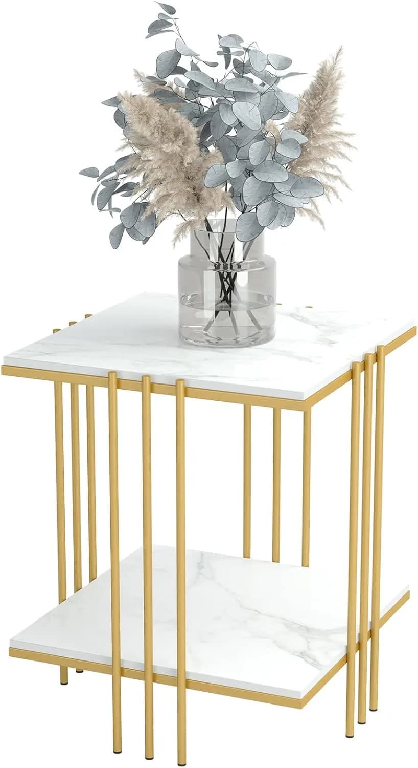 Sintered Stone End Table: 2 Tier Square White Sofa Side Table - Small Coffee Tab