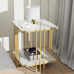 Sintered Stone End Table: 2 Tier Square White Sofa Side Table - Small Coffee Tab