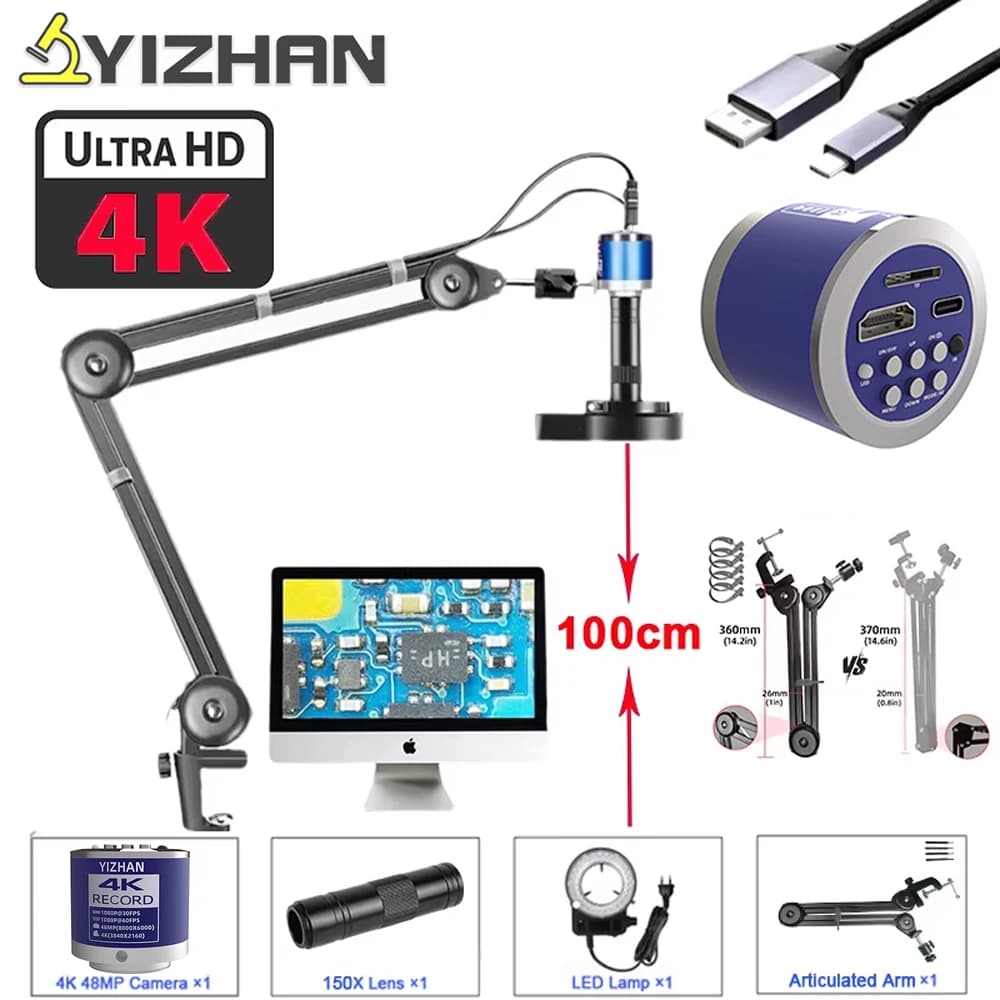 4K Electronic Digital Microscope For Soldering 150X Lens With HDMI USB-C Mount Industrial Microscope Camera for Repair PCB 48MP