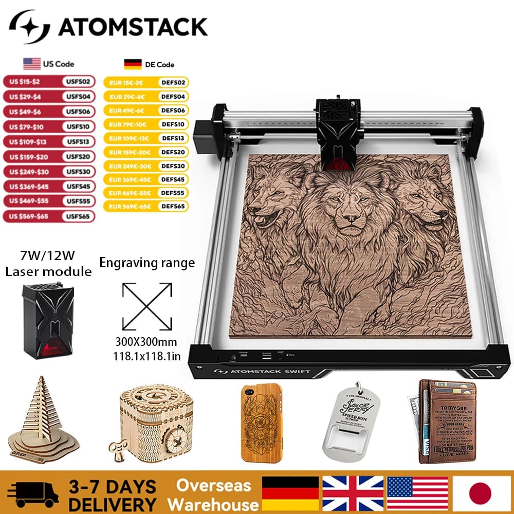 New ATOMSTACK Swift 7W DIY Laser Cut Engraving Machine Engrave Logo Wood Painted Acrylic Glass Leather Portable Laser Engraver