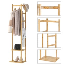Bamboo Garment Rack, Clothing Rack with 2 Tier Storage Shelves, Wooden Garment Rack, Clothes Hanging Rack, Cloest Organizer