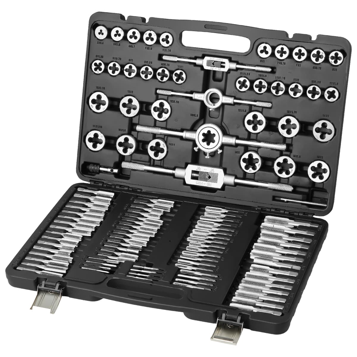 SucceBuy Tap and Die Set 110/116PCs Metric SAE Standard Bearing Steel Taps and Dies Essential Threading Tool