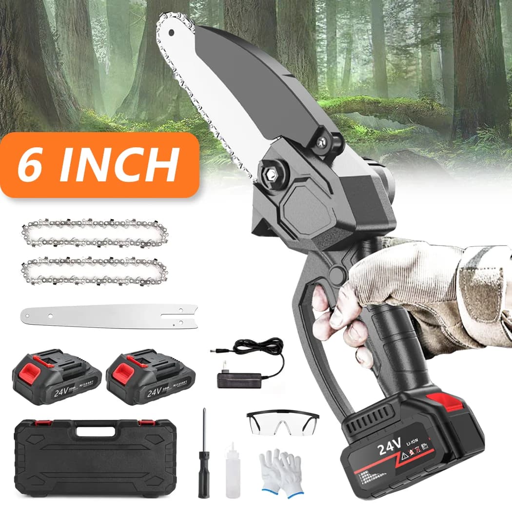 PORIYA 6" Mini Cordless Electric Chainsaw 2X Battery-Powered Wood Cutter Rechargeable