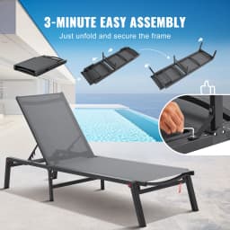 SucceBuy Chaise Lounge Chair Outdoor Aluminum Patio LoungeFolding Pool Lounge Recliner Full Flat to Patio Beach Pool Dark Grey