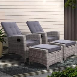 2 Piece Recliner Chairs Sun Lounger Wicker Outdoor Furniture Adjustable Grey Set