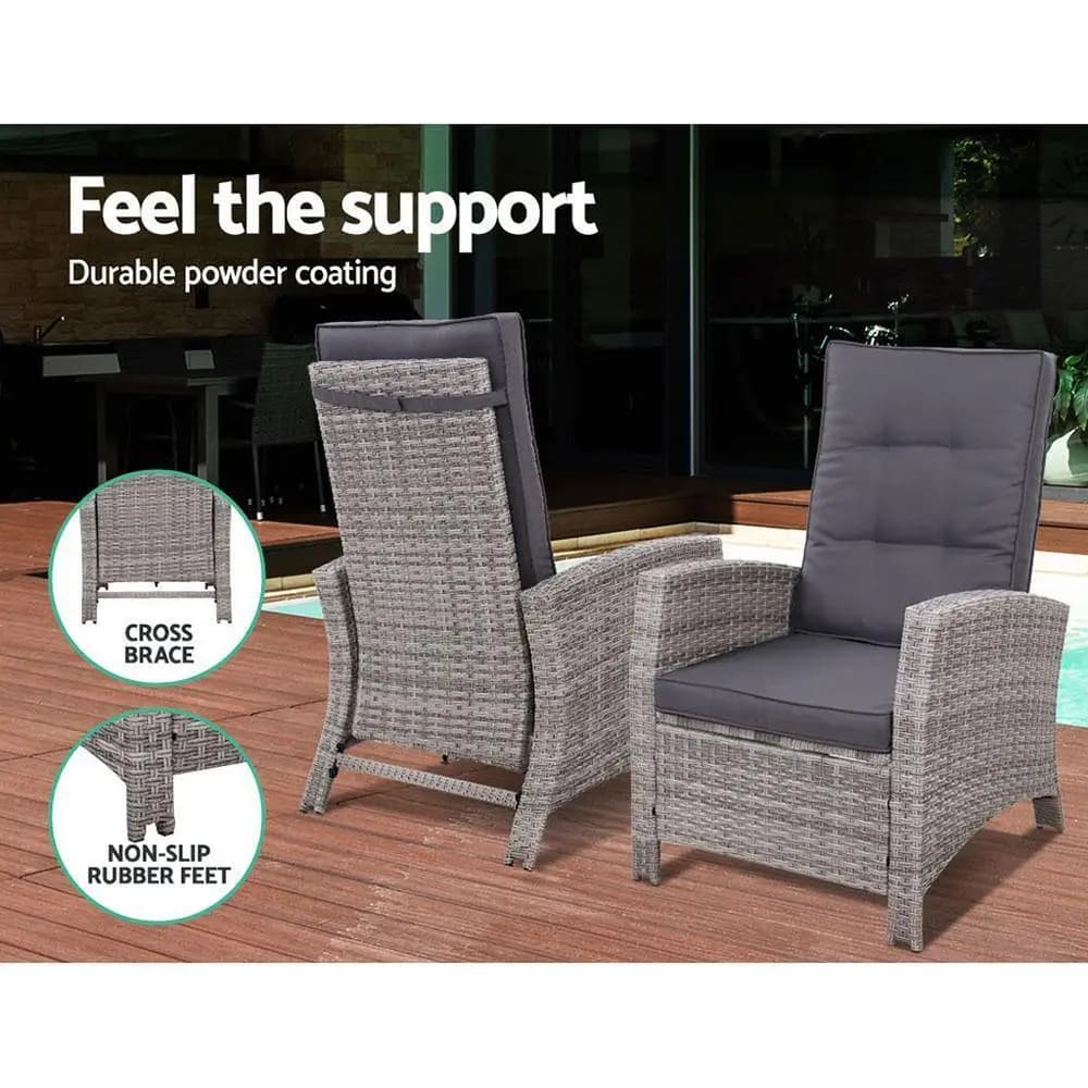 2 Piece Recliner Chairs Sun Lounger Wicker Outdoor Furniture Adjustable Grey Set