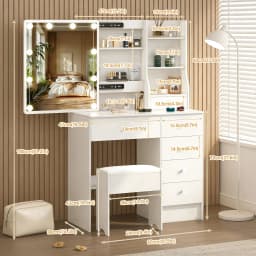 Modern Makeup Vanity Dressing Table Set with 10 Led Lighted Adjustable Mirror, Vanity Stool & 6 Drawers Storage Organizer