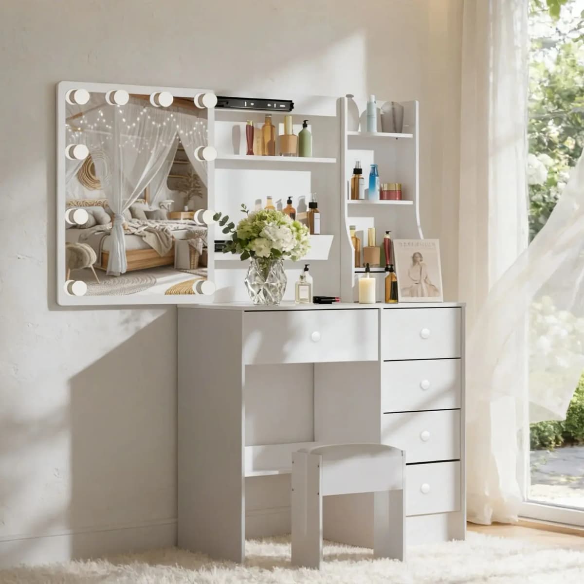 Modern Makeup Vanity Dressing Table Set with 10 Led Lighted Adjustable Mirror, Vanity Stool & 6 Drawers Storage Organizer