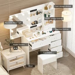 Modern Makeup Vanity Dressing Table Set with 10 Led Lighted Adjustable Mirror, Vanity Stool & 6 Drawers Storage Organizer