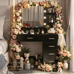 Black Modern Vanity Set, LED Bulbs Lighted Mirror, 5 Drawers 3 Color Dimmable Bedroom Easy Assembly