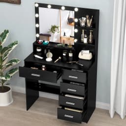 Black Modern Vanity Set, LED Bulbs Lighted Mirror, 5 Drawers 3 Color Dimmable Bedroom Easy Assembly