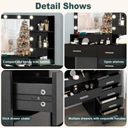 Black Modern Vanity Set, LED Bulbs Lighted Mirror, 5 Drawers 3 Color Dimmable Bedroom Easy Assembly