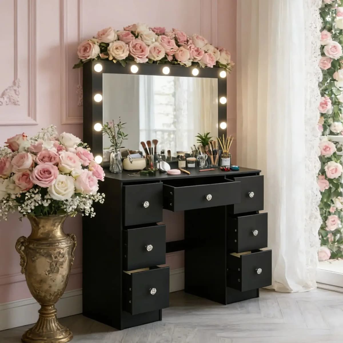 Teousev White Vanity Desk Set with 11 LED Lighted Mirror, 7 Sliding Drawers, 3 Color Dimmable, Easy Assembly for Women Bedroom