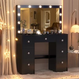 Teousev White Vanity Desk Set with 11 LED Lighted Mirror, 7 Sliding Drawers, 3 Color Dimmable, Easy Assembly for Women Bedroom