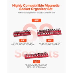 SucceBuy 3PCS Red Magnetic Socket Organizer Set 3/8'' 1/4'' 1/2'' SAE Socket Trays up to 68PCS Standard & Deep Sockets for Tools