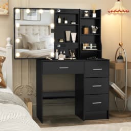 Black Vanity Table With Sliding Mirror &3 Models LED Lights Makeup Dressing Desk