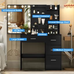 Black Vanity Table With Sliding Mirror &3 Models LED Lights Makeup Dressing Desk