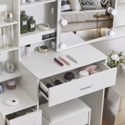 LED Vanity Table with Sliding Mirror, White Makeup Desk 4 Drawers Stool, Dressing Table for Women, Glam Furniture