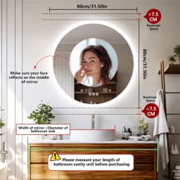 Round Bathroom Mirror 800x800mm with Bluetooth Wall Illuminated LED Vanity Mirror, Anti-Fog, Three Color Light, Memory Function