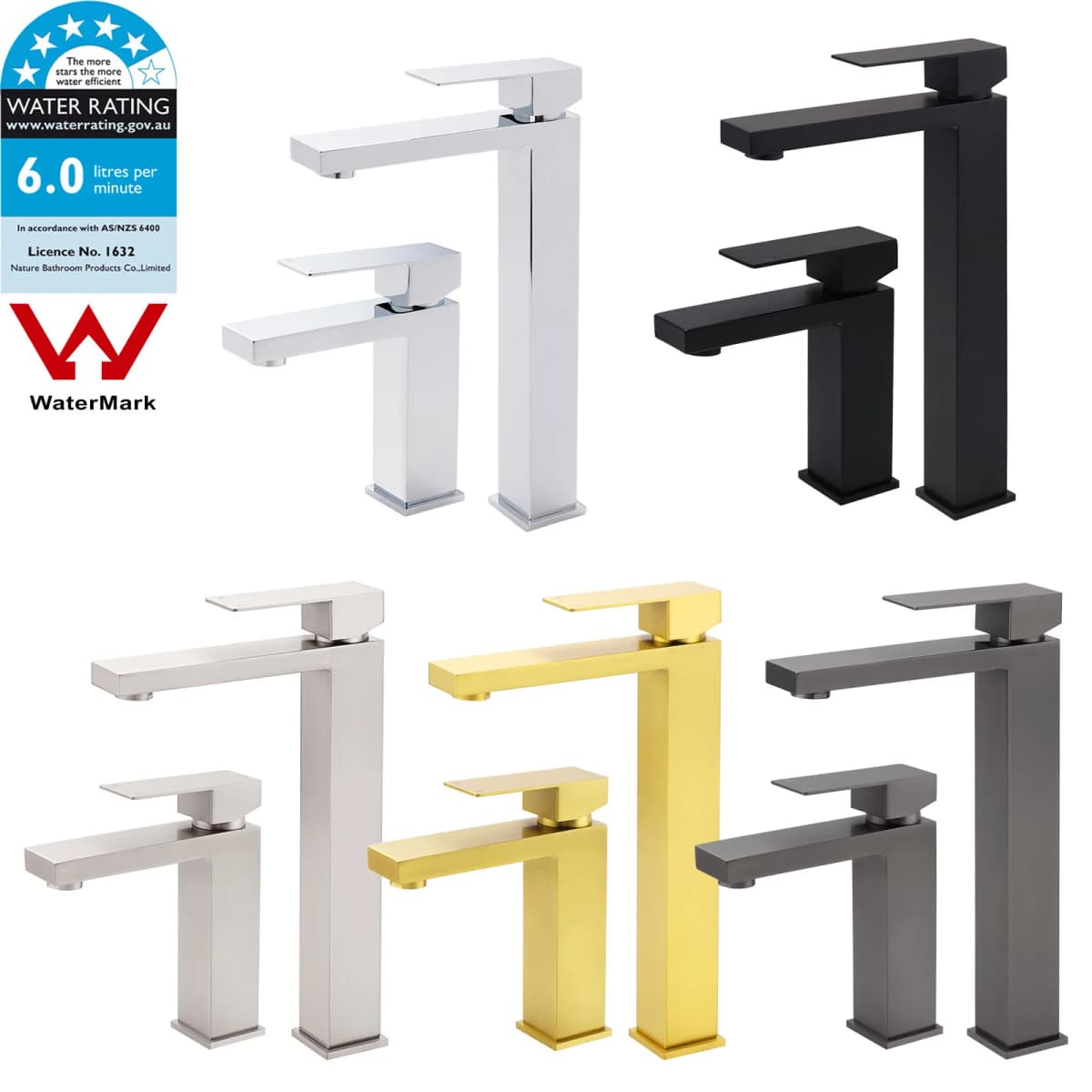 **Sydney Stock** KYLINS Tall / Short Basin Mixer Brushed Nickel Gold Black Chrome Gun Metal Square Vanity Faucet WELS WaterMark