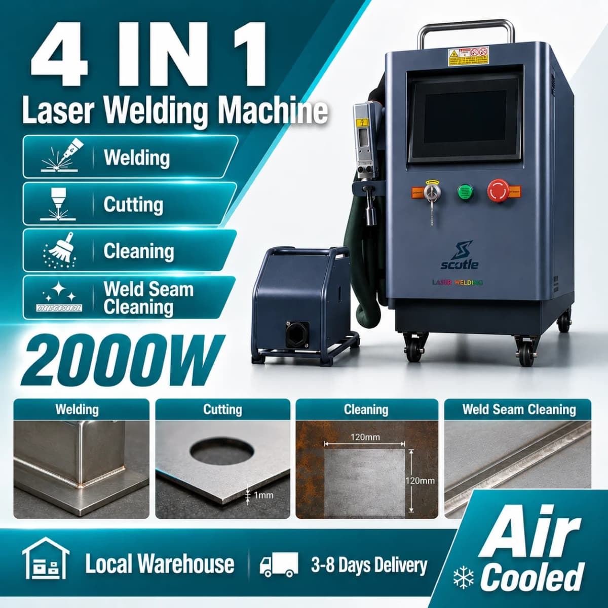 2000W Air Cooled Fiber Laser Welder 1500W 4 IN 1 Handheld Laser Welding Machine for Metal Welding Cleaning Cutting Weld Seam Cleaning Stainless Steel Aluminum