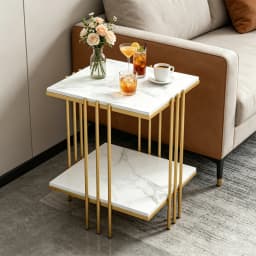 2 Tier Square Sofa Side Table Metal Gold Frame Sintered Stone Table Top Accent End Table Nigthstand for Living Room Bedroom Office