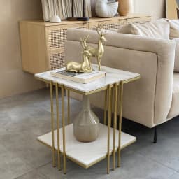 2 Tier Square Sofa Side Table Metal Gold Frame Sintered Stone Table Top Accent End Table Nigthstand for Living Room Bedroom Office