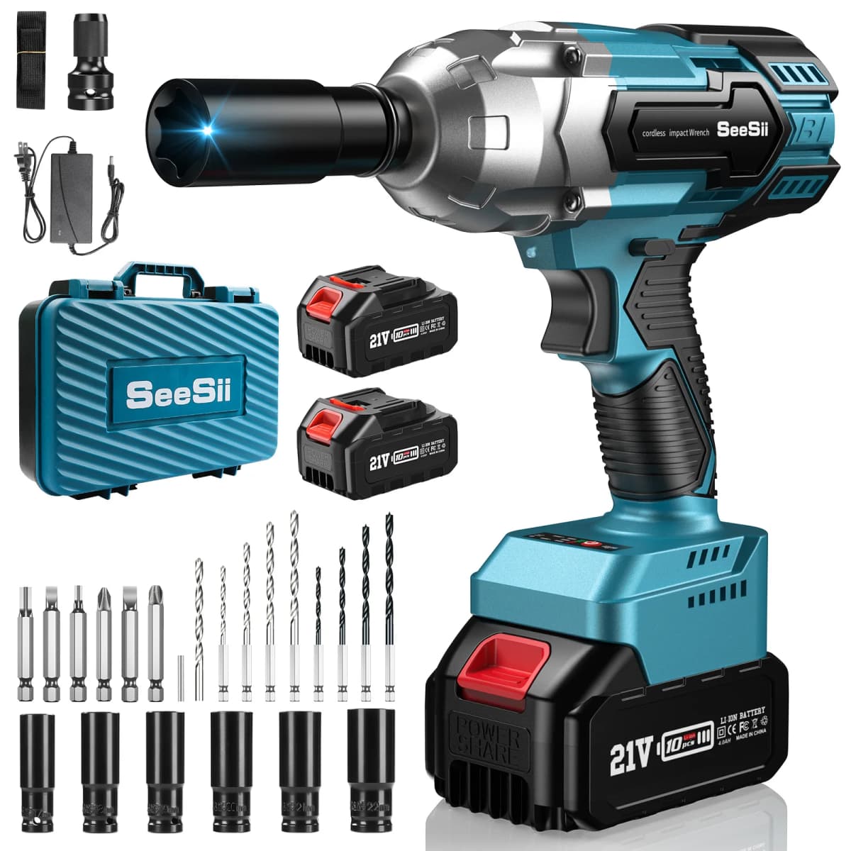 Seesii 3-in-1 650N.m Impact Wrench & Cordless Drill & Screwdriver 1/2" Brushless Impact Gun Kit Handheld with 2*4.0Ah Batteries LED Light for Car Home