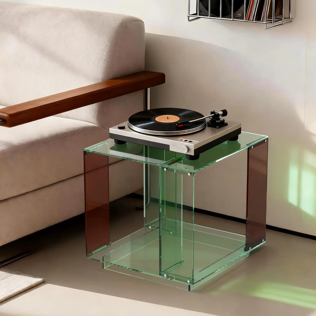 Square Acrylic End Table Record Player Table with Storage Shelf Bedside Side Table Nightstand for Bedrooms Living Room 