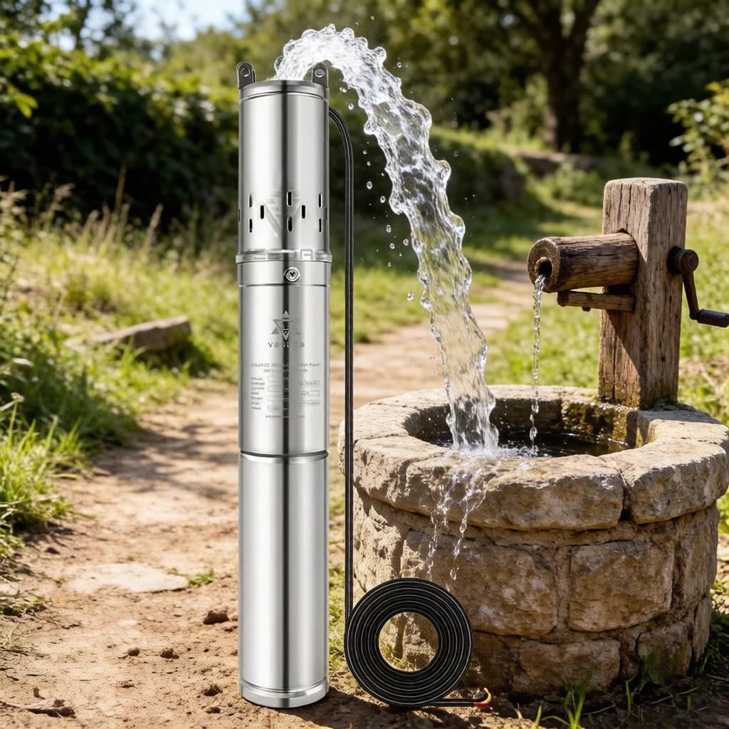 Solar Deep Well Pump 100m Max Head, Brushless Submersible Water Pump with Built-in Controller, Stainless Steel