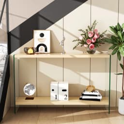 Rectangular Console Table Wood-tone MDF Entryway Table Tempered Glass Legs Sofa Side Storage Table for Bedroom Living Room