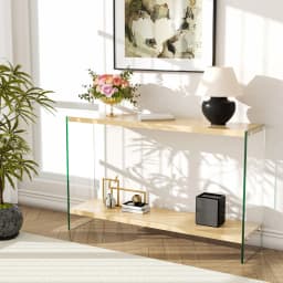 Rectangular Console Table Wood-tone MDF Entryway Table Tempered Glass Legs Sofa Side Storage Table for Bedroom Living Room
