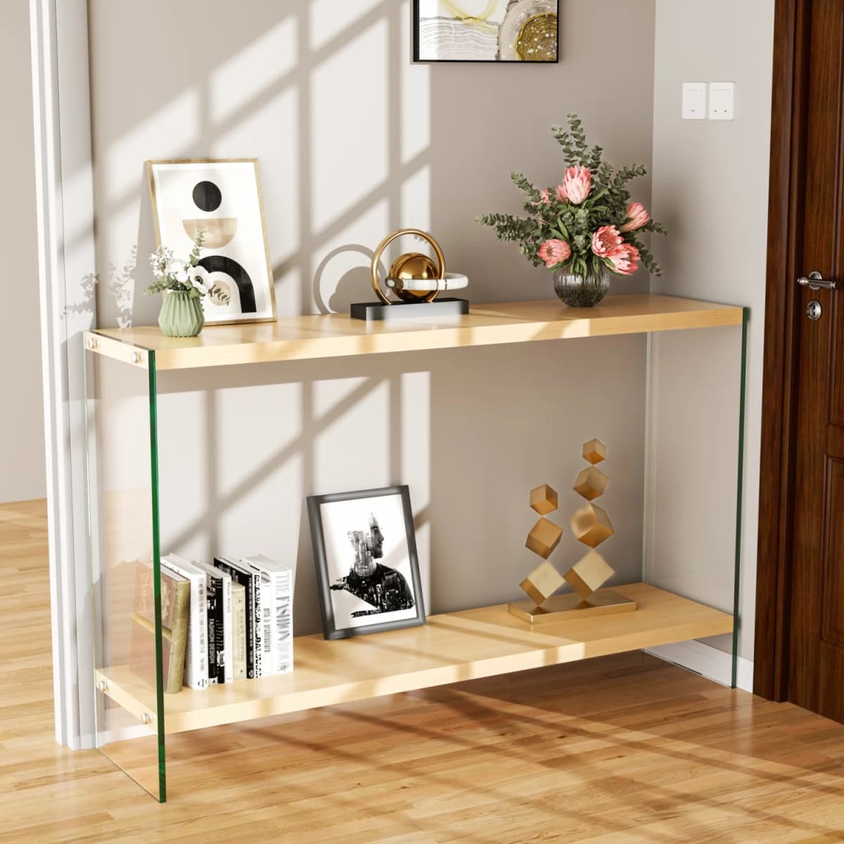 Rectangular Console Table Wood-tone MDF Entryway Table Tempered Glass Legs Sofa Side Storage Table for Bedroom Living Room