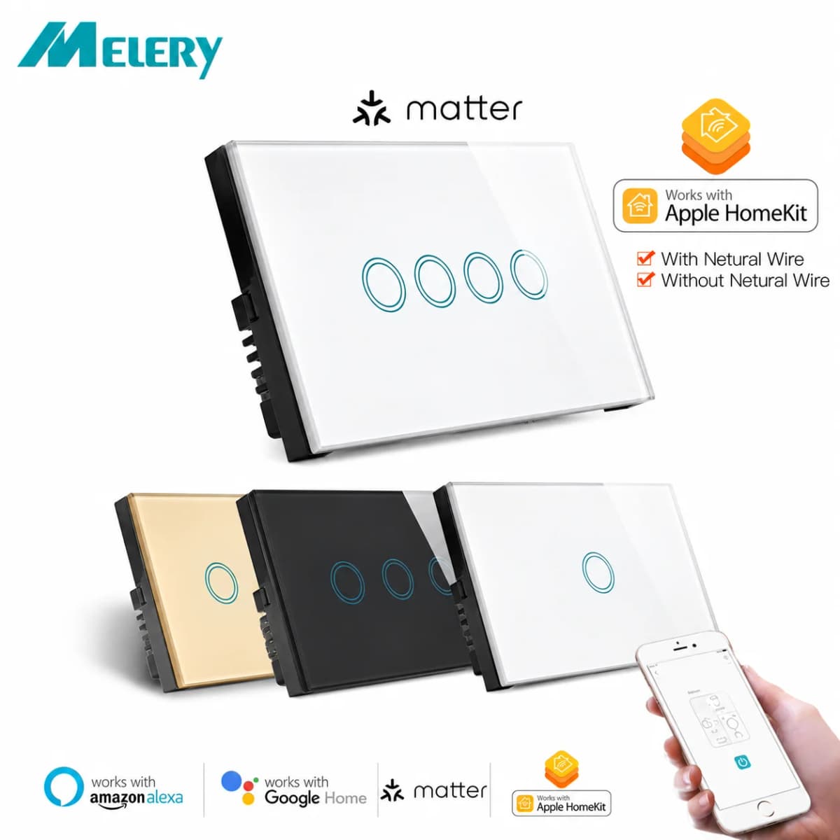 Melery Matter WiFi Smart Light Wall Switch Touch Sensor Glass Pannel Remote by Alexa Google Home Siri Homekit SmartThings