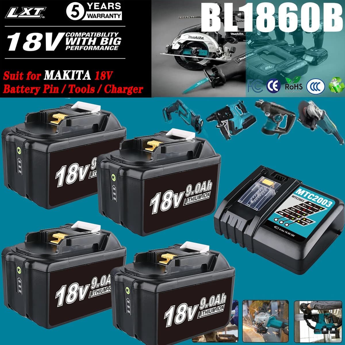 1/2/4Pcs 9.0Ah BL1890B Li-on Replace for Makita 18V BL1815 BL1830 BL1860 BL1850 Battery Pin and DC18RC 3A Charger Combo kit