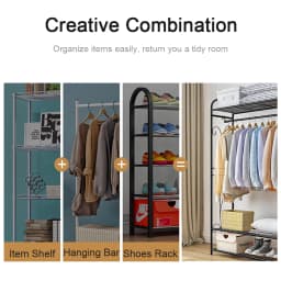 Bingopaw Black Metal Clothes Rack Stand Heavy Duty Garment Rail with 2 Storage Shelves for Shoes & Closet Organization
