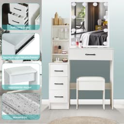 White LED Lighted Vanity Dressing Table Set DE with Mirror & Stool 3 Color Dimmable Touch Control Drawer Makeup Desk for Bedroom