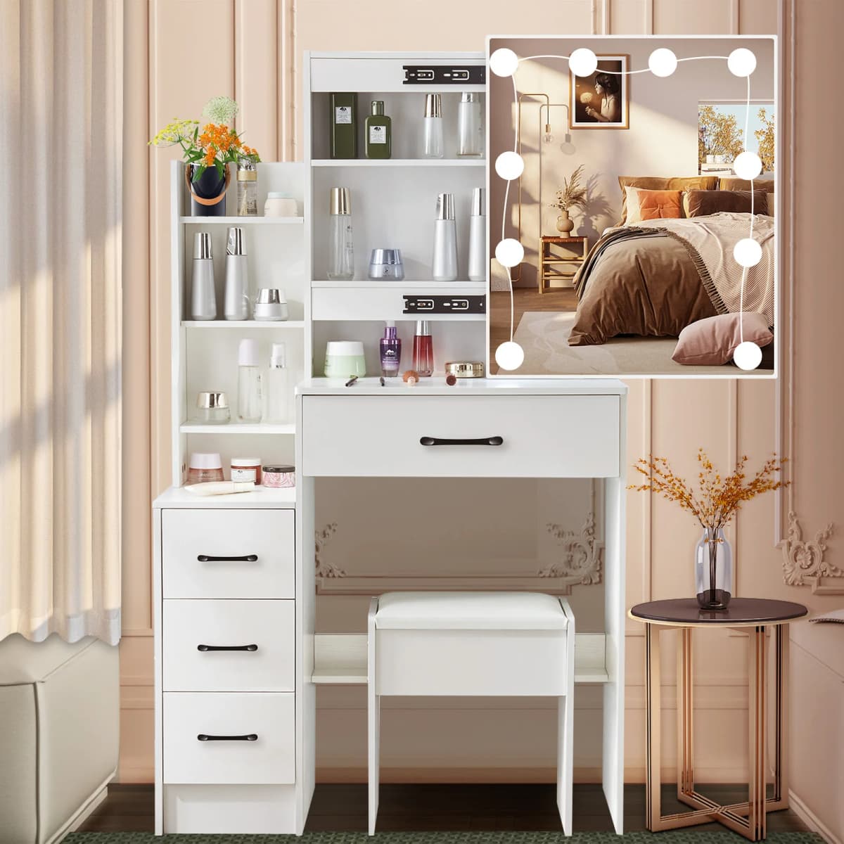 White LED Lighted Vanity Dressing Table Set DE with Mirror & Stool 3 Color Dimmable Touch Control Drawer Makeup Desk for Bedroom
