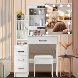 White LED Lighted Vanity Dressing Table Set DE with Mirror & Stool 3 Color Dimmable Touch Control Drawer Makeup Desk for Bedroom