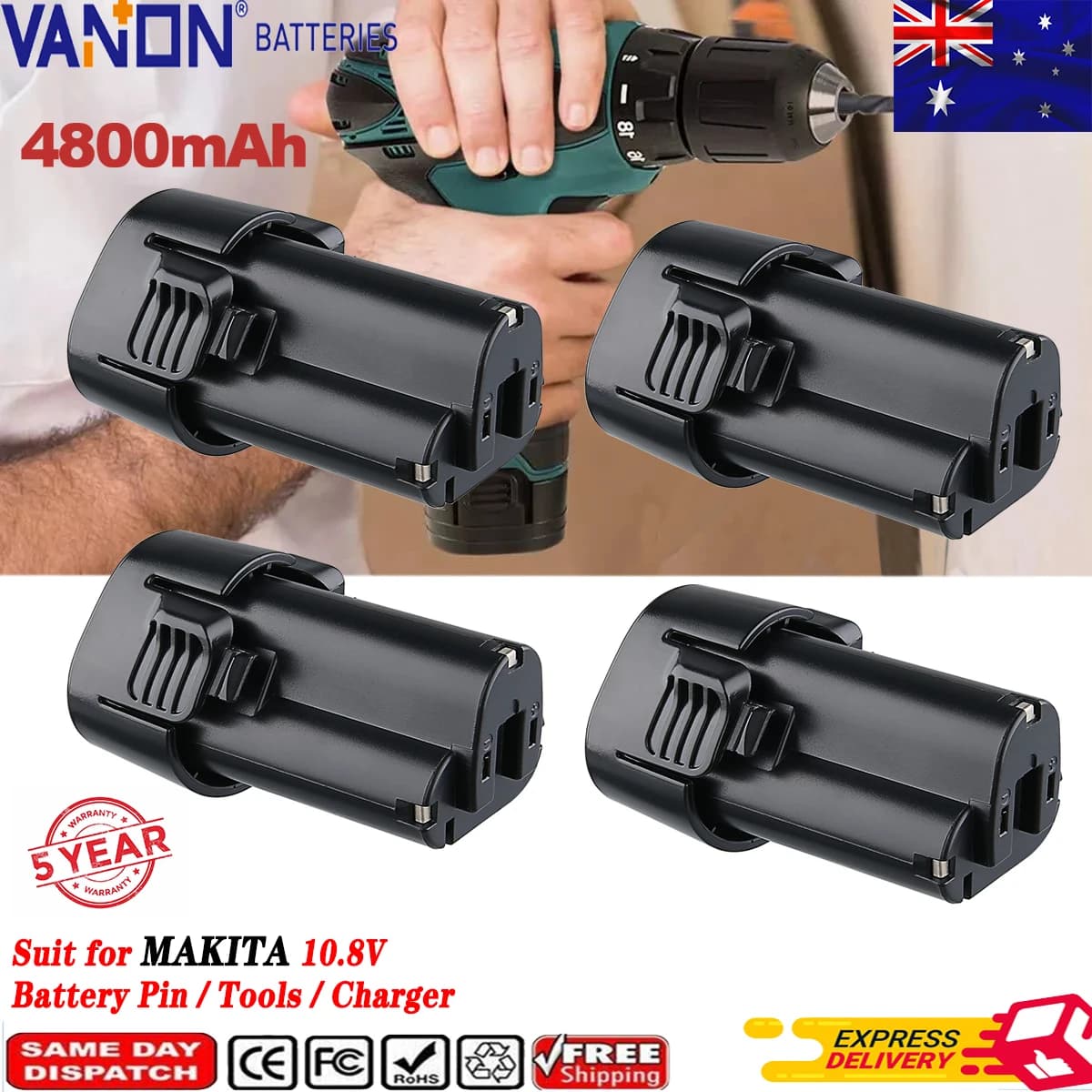 VANON 1/2/4 Pack 10.8V 4.8Ah Li-ion Battery Replace for Makita Battery Pin Compatible with BL1013 BL1014 194550-6 194551-4