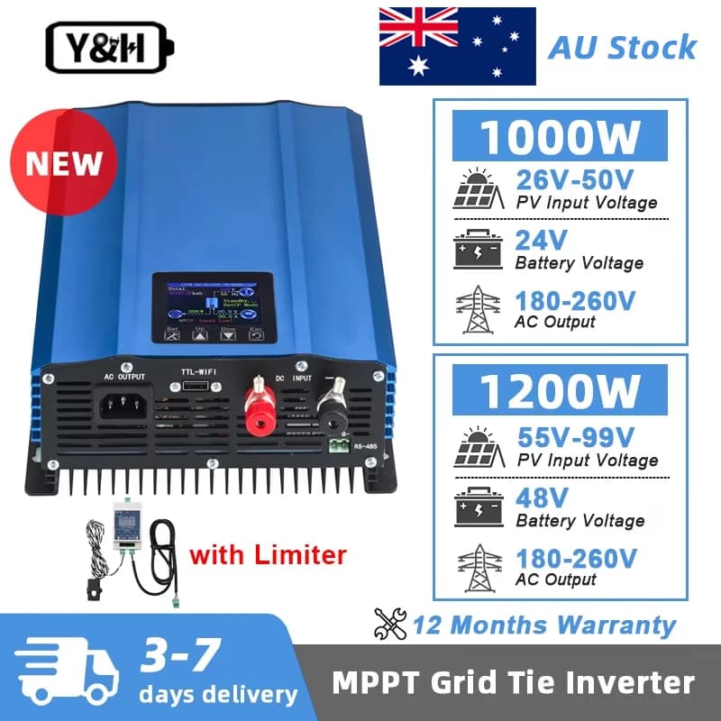 Y&H Grid Tie Inverter 1.2KW 1KW with Limiter Pure Sine Wave Solar Inverter for Solar Panels/Battery Discharge Mode Optional WiFi