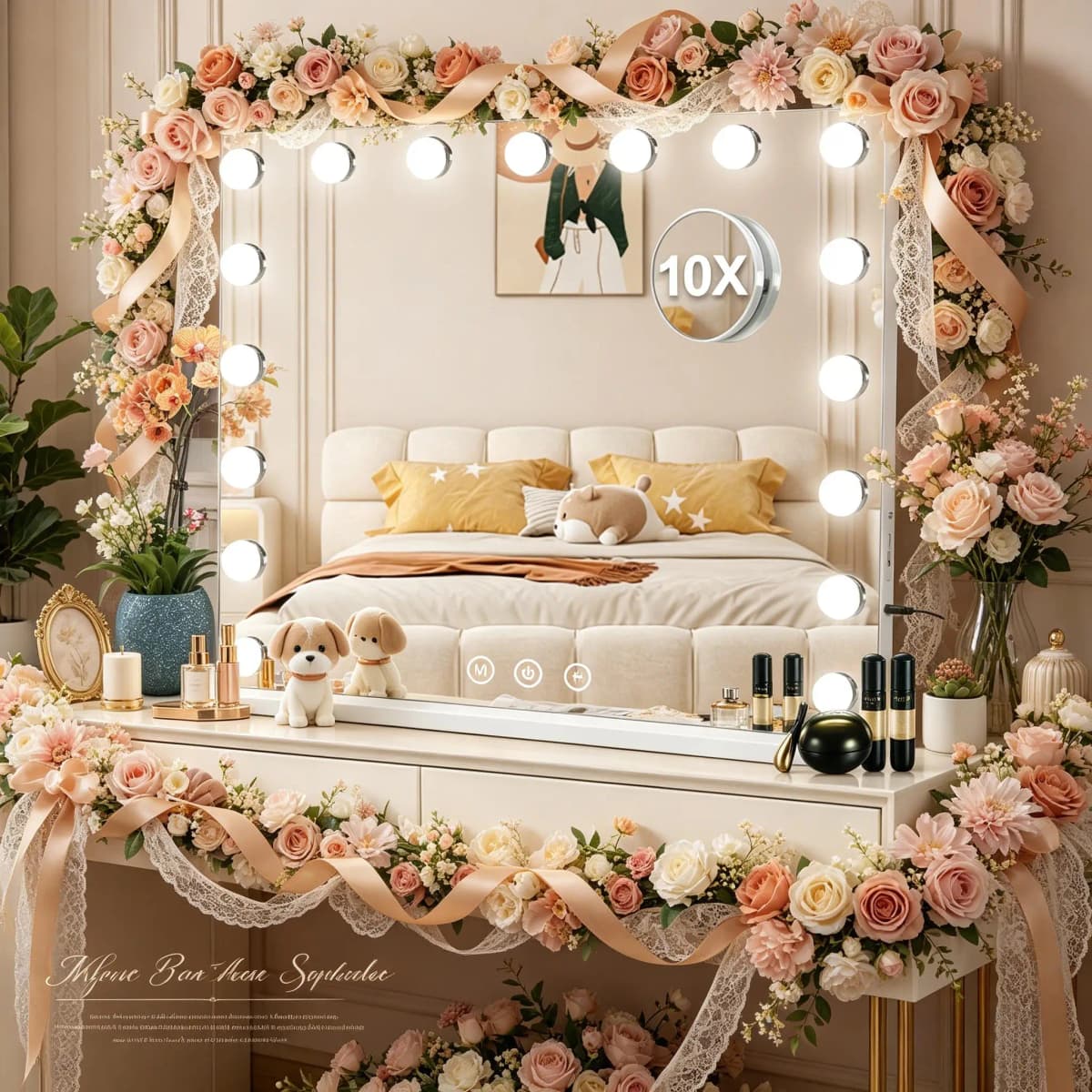 Large Hollywood Vanity Mirror, 17 Dimmable LED Bulbs, USB Charging Port, Lighted Makeup Mirror for Bedroom Dresser