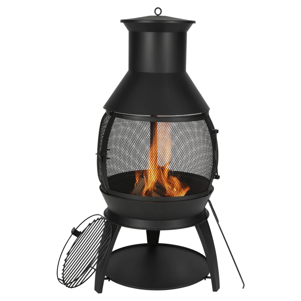SucceBuy Chiminea 22 Inch Outdoor Wood Burning Firepit with Grill Mesh Chimney Coat & Rustproof Chiminea Lid for Patio Backyard
