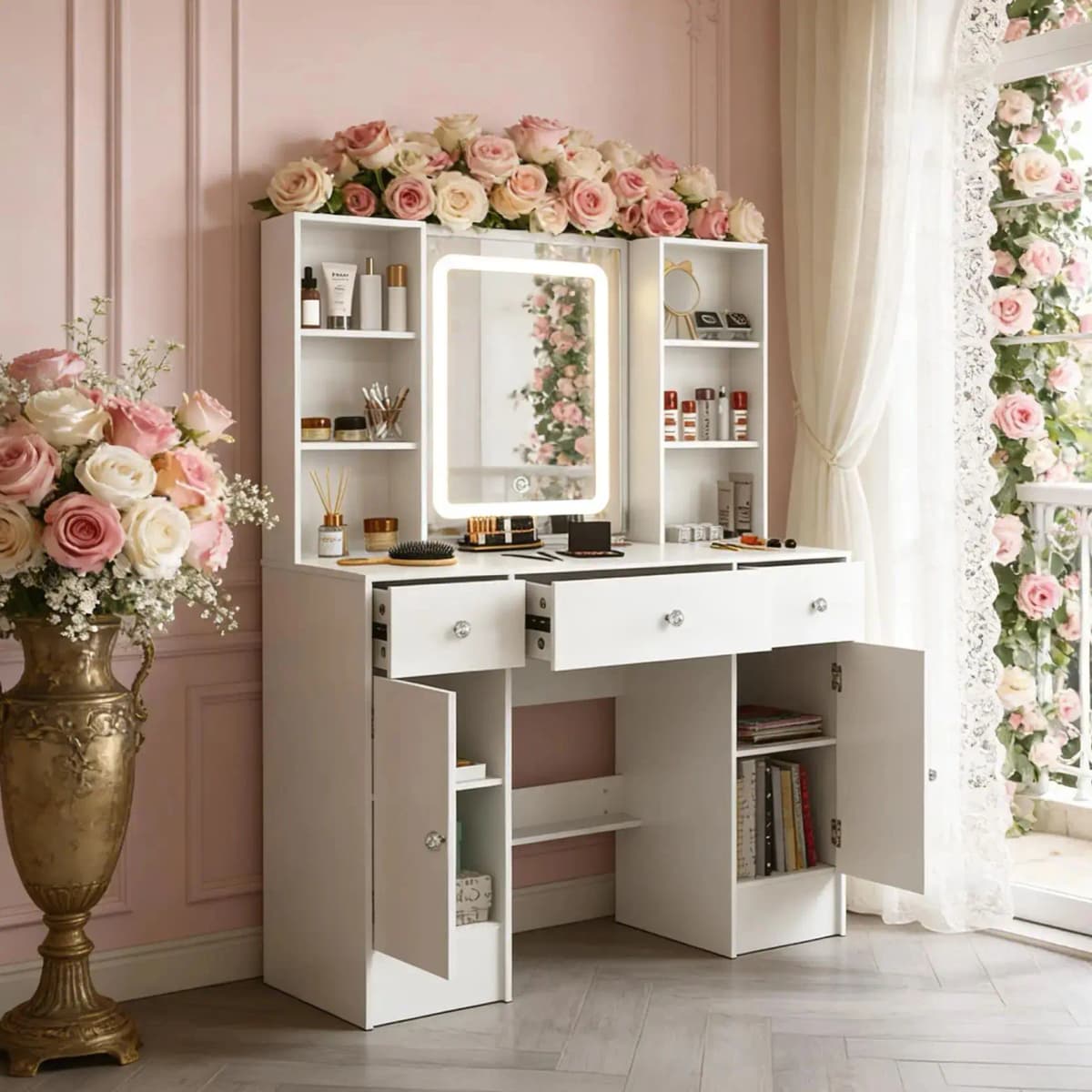 NEW Teousev Modern White Large Makeup Vanity Dressing Table Set with 3 Color Dimmable LED Lighted Mirror 3 Drawers Vanity Stool